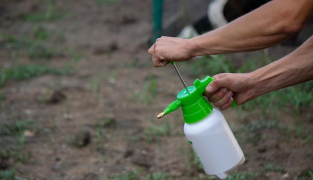 Farmer sprays weeds in the garden Selective focus