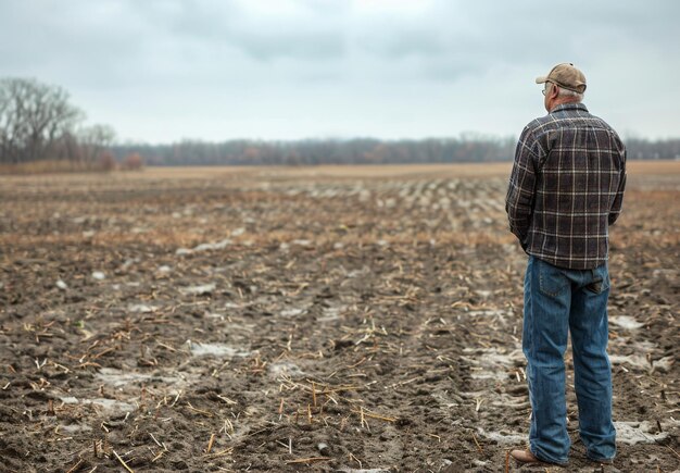 Photo a farmer standing in a barren field looking at failed crops