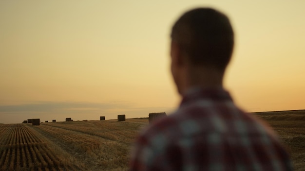 Farmer standing haystack field golden sunset back view Agriculture concept