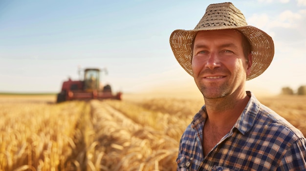 A farmer standing in the middle of a beautiful wheat field with a wheat harvester in the background