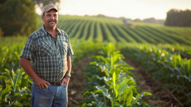 A farmer stands beside rows of droughtresistant genetically modified crops thrilled about the