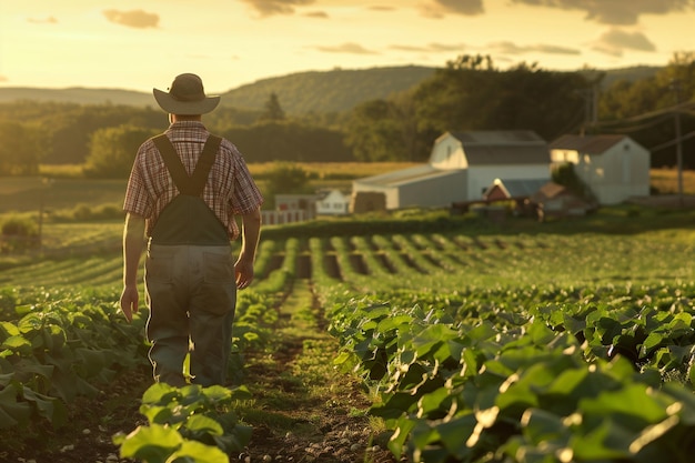 A farmer stands in a field of crops