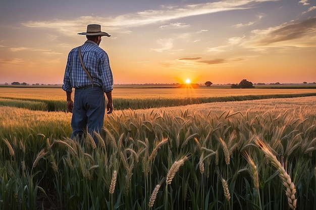 A farmer stands in a field of wheat at sunset