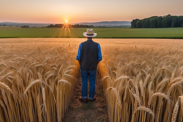 A farmer stands in a field of wheat at sunset