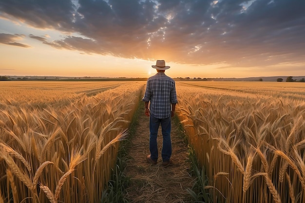 A farmer stands in a field of wheat at sunset