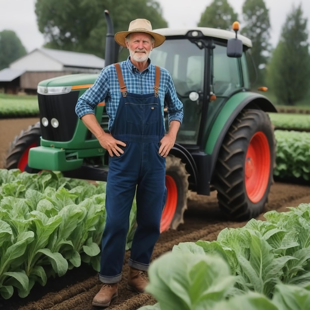 Photo a farmer stands in front of a tractor that says quot farmer quot