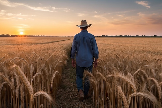 A farmer stands in a wheat field at sunset