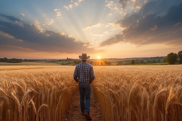 A farmer stands in a wheat field at sunset