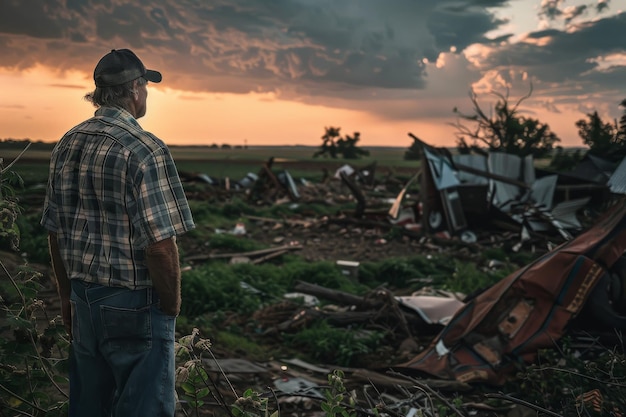 A farmer stares at his garden destroyed by a tornado realizing that his crops were gone in aninstant