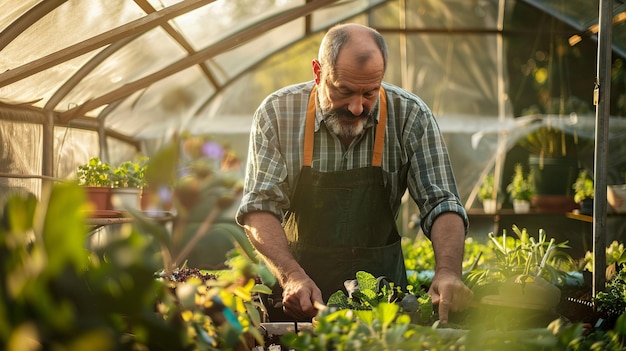 A farmer tending to a small greenhouse with various plants humid and warm environment bright sunlight filtering through glass nurturing and innovative vibe sharp photography