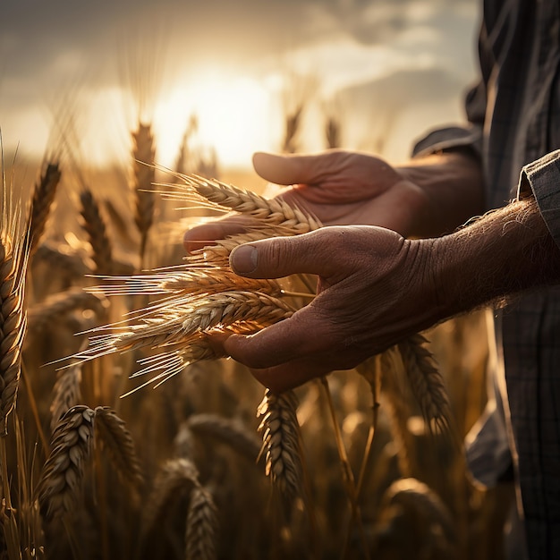 farmer touching wheat ear with palm of the hand