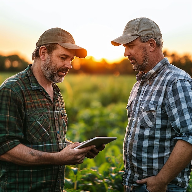 Farmer uses tablet in field at sunset to discuss crop improvement strategies and technology integrat