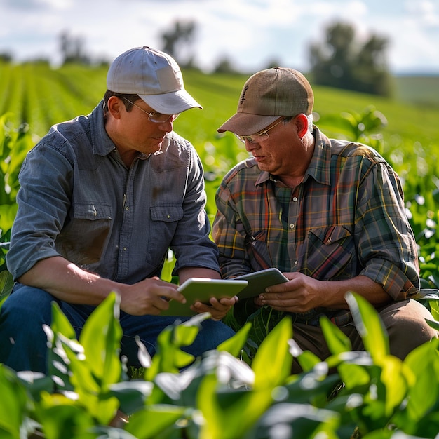 Photo farmer uses tablet in field at sunset to discuss crop improvement strategies and technology integrat