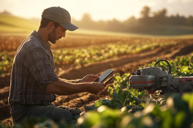 a farmer uses a tablet in his field