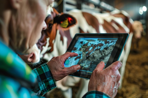 Photo farmer using advanced technology to monitor cow health on a digital tablet at hightech dairy farm