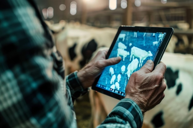 Photo farmer using advanced technology to monitor cow health on a digital tablet at hightech dairy farm