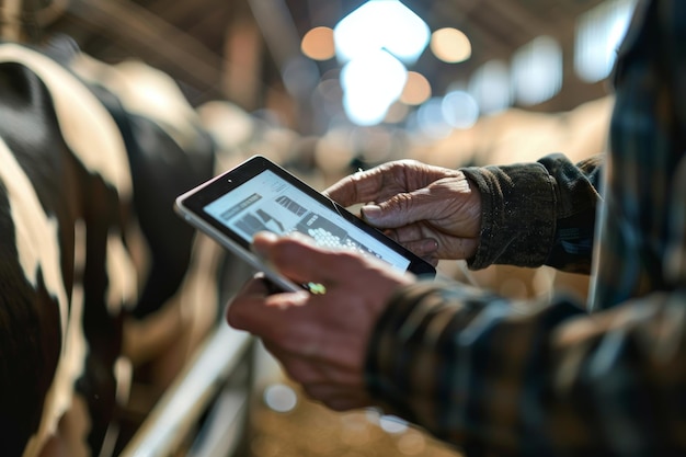 Photo farmer using advanced technology to monitor cow health on a digital tablet at hightech dairy farm