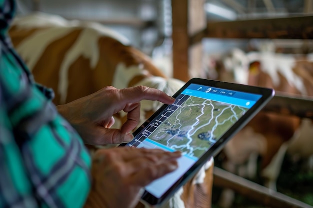 Photo farmer using advanced technology to monitor cow health on a digital tablet at hightech dairy farm