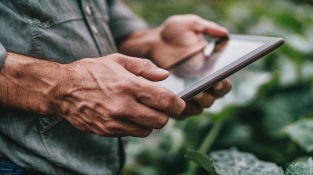 Photo farmer using digital tablet in field to improve agriculture and environmental technology