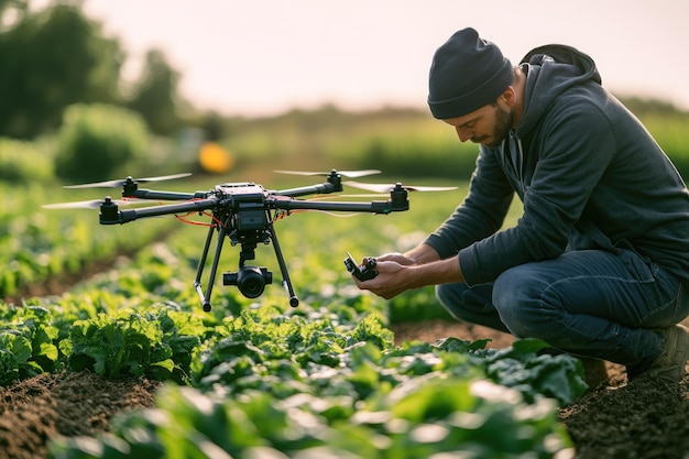 Photo farmer using drone to monitor crop health in field of organic produce