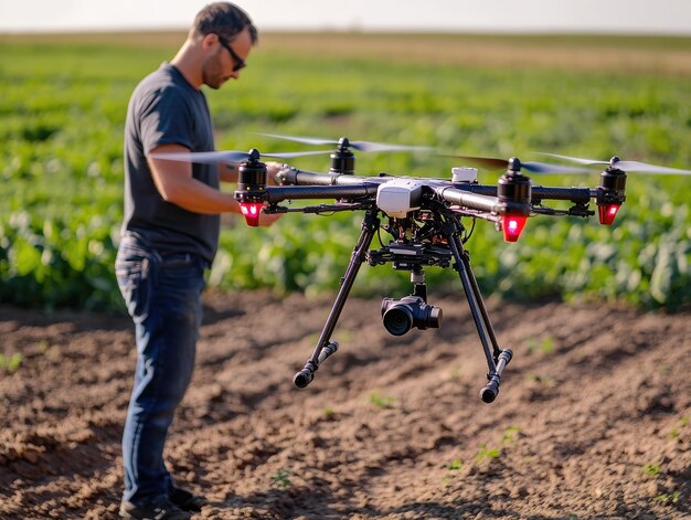 Photo farmer using drone to monitor crop health in field of organic produce