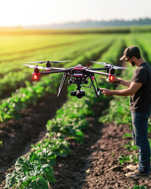 Photo farmer using drone to monitor crop health in field of organic produce