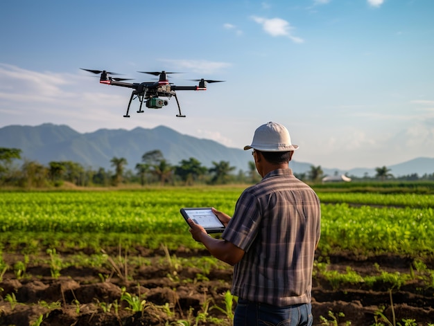 Farmer using drone to monitor organic produce