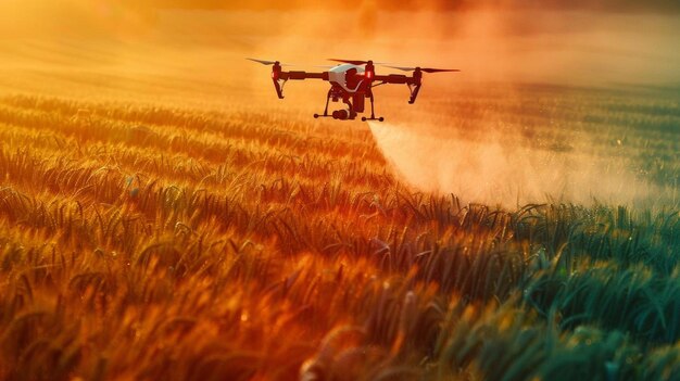 Farmer using drone to spray pesticides over crops efficient farming scifi tone Triadic Color Scheme