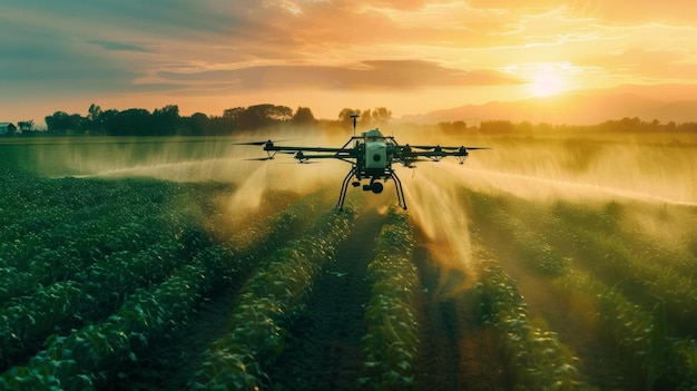 Farmer using drone to spray pesticides over crops efficient farming scifi tone Triadic Color Scheme