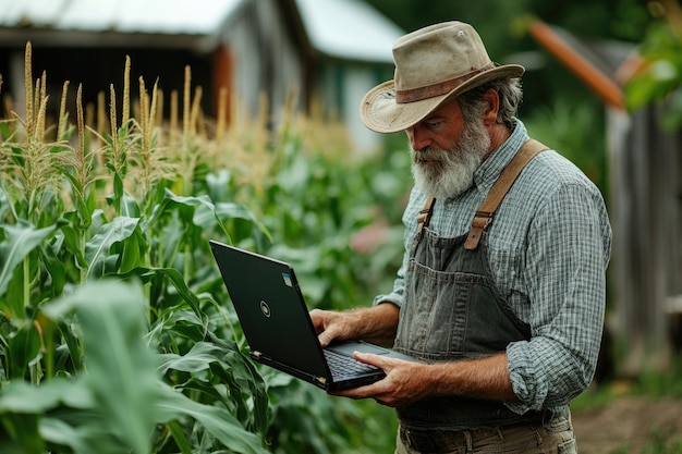 Photo farmer using laptop in green cornfield embracing technology in modern agriculture