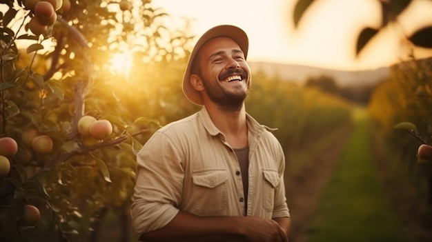 Farmer using mobile phone stands smiling happily in apple orchard at sunset