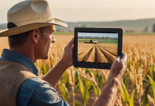 Farmer using tablet to assess crop health in a field agriculture meets technology