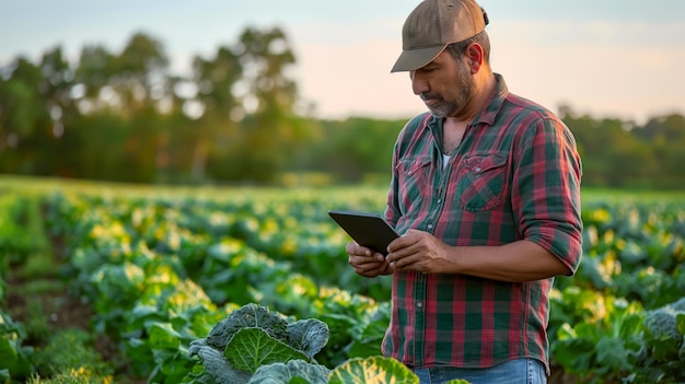 Farmer Using Tablet for Crop Management in Cabbage Field During Sunset