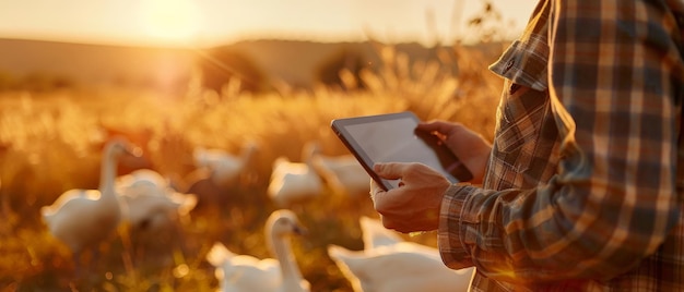 Farmer using tablet in a field at sunset