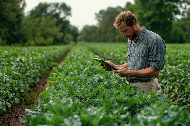 Farmer using tablet in field