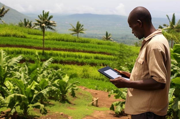 Farmer using a tablet to monitor crop data in realtime