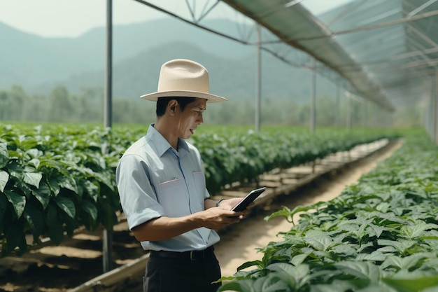 Farmer using a tablet remotely background