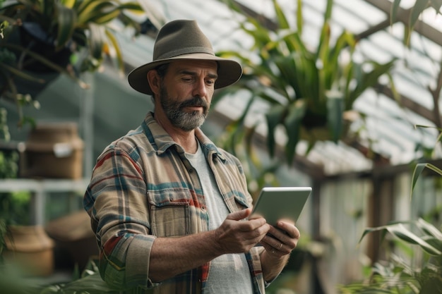 Photo farmer using tablet for sustainable farming monitoring or export orders serious man in rural setting