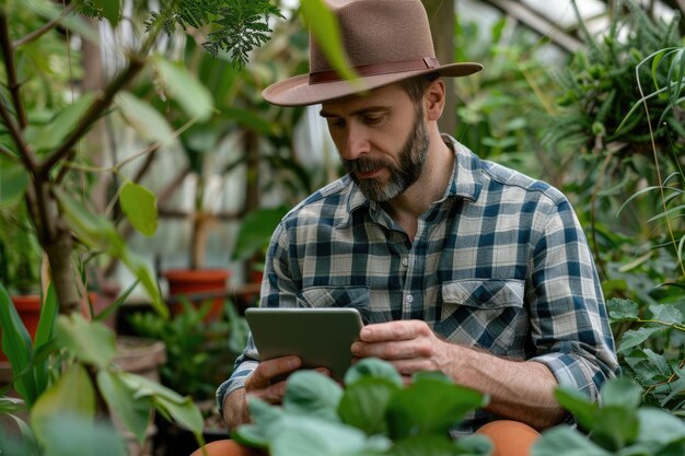 Photo farmer using tablet for sustainable farming monitoring or export orders serious man in rural setting