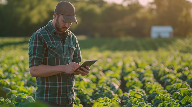 Farmer Using Tablet on Vegetable Farm at Sunset Agricultural Technology and Modern Farming