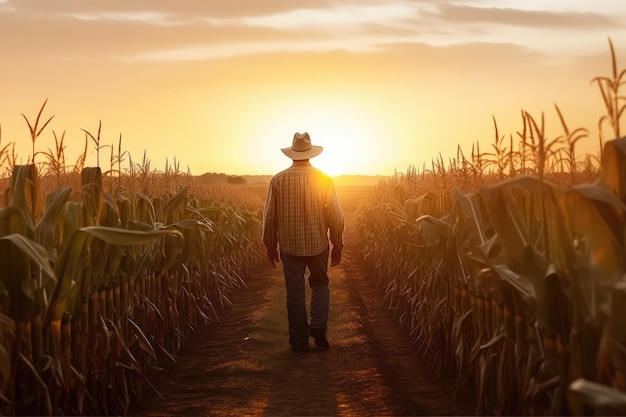 Farmer walking through corn field at dawn grain silo AI