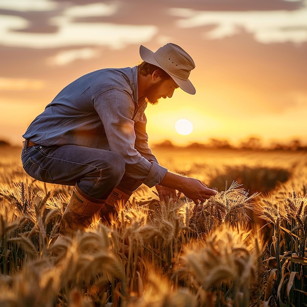 farmer walking through wheat field sunset scene