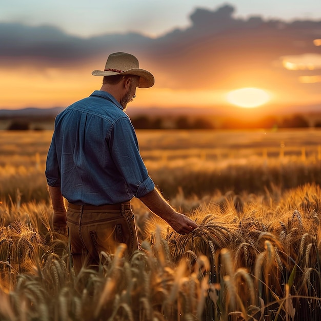 farmer walking through wheat field sunset scene