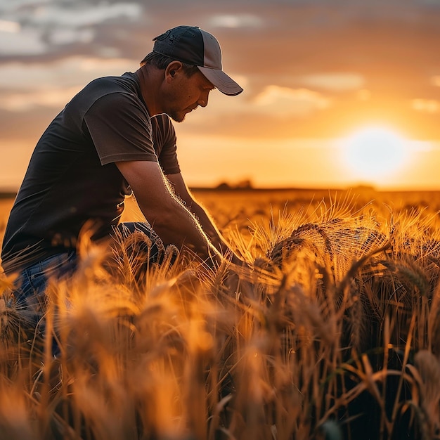 farmer walking through wheat field sunset scene