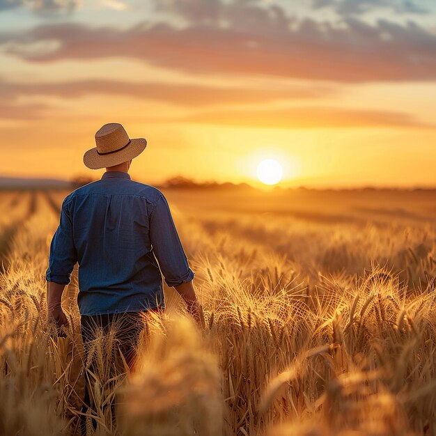 farmer walking through wheat field sunset scene