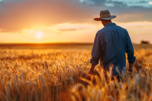 farmer walking through wheat field sunset scene