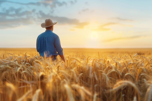 farmer walking through wheat field sunset scene