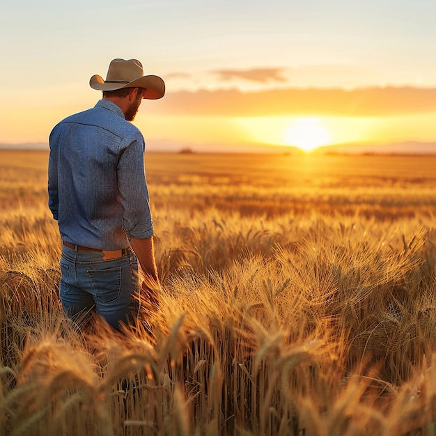 farmer walking through wheat field sunset scene