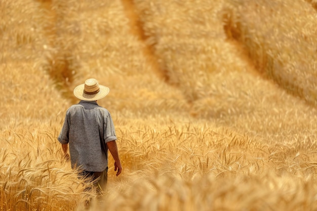 Photo farmer walking through a wheat field