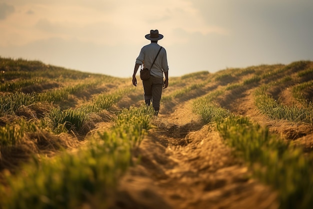 a farmer walks in a sunny field